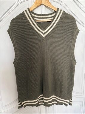 Olive Green Striped V-Neck Knit Sweater Vest Collegiate Preppy Grandpa Size L
